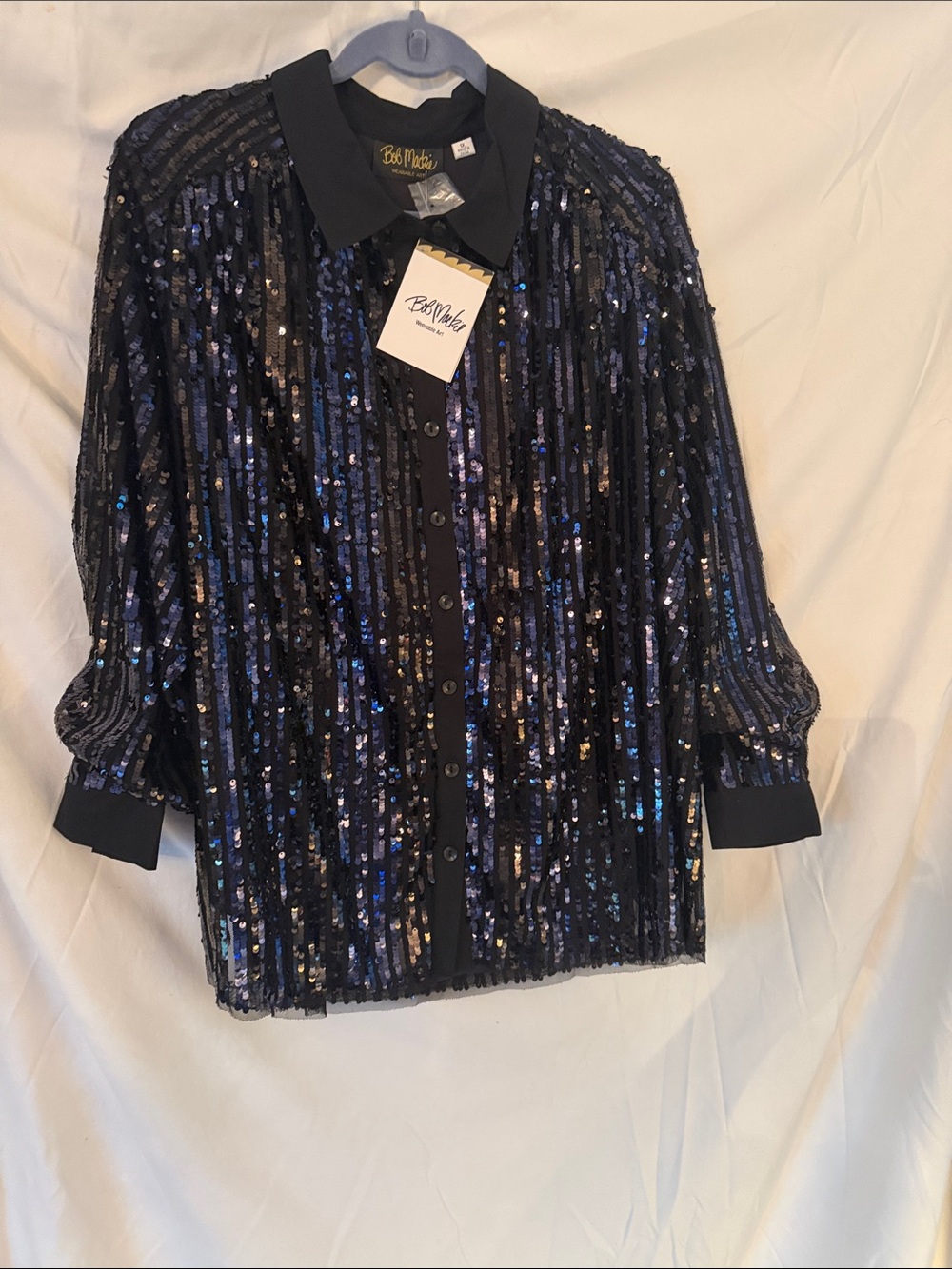 Bob Mackie Black and Blue Sequin Button-Front Blouse